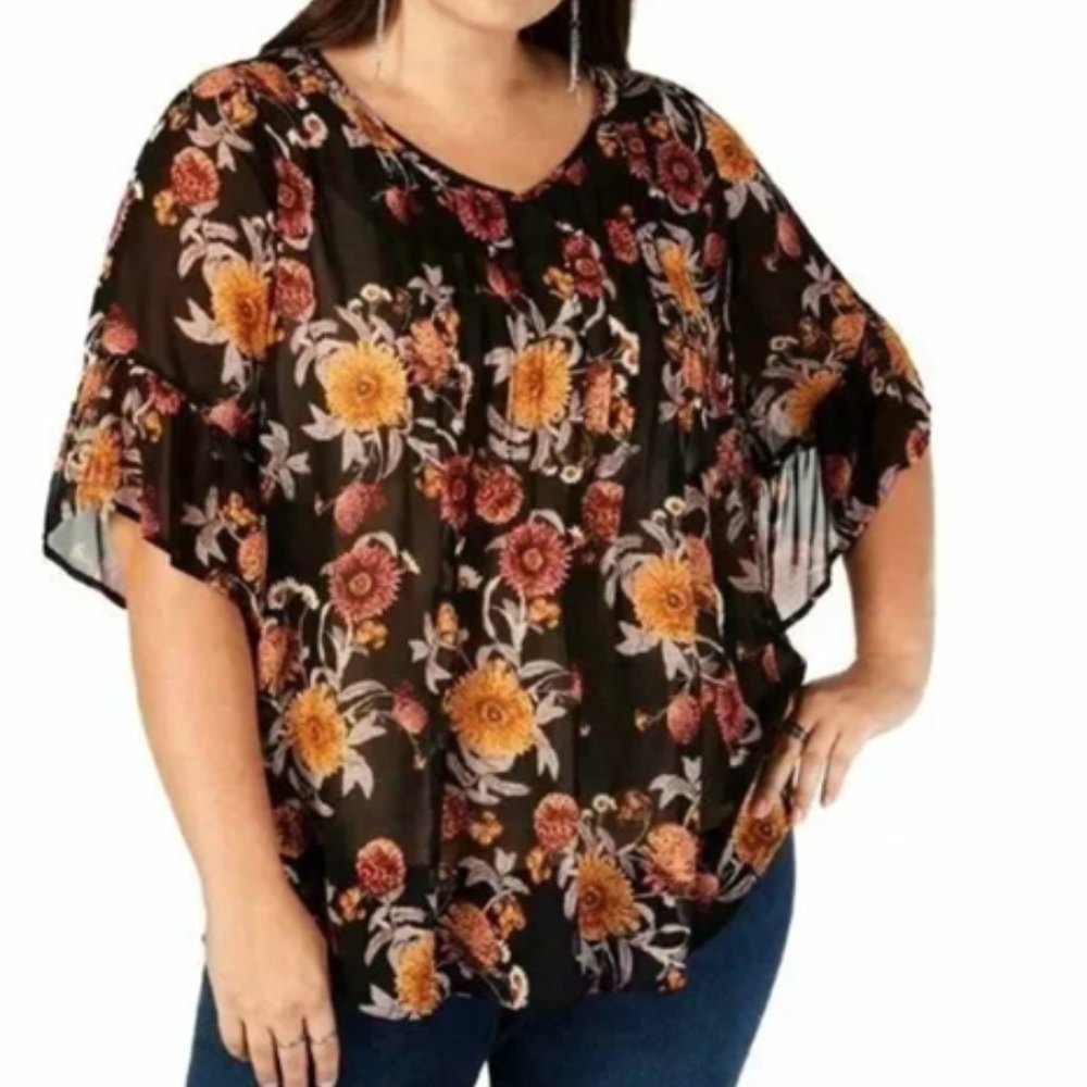 Style&Co Sheer VNeck black floral blouse Plus Size 3X